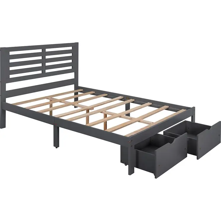 Gray Wood Full With Two Drawers Bed Frame