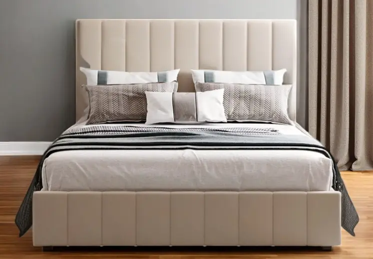Beige Ribbed Texture Linen Blend Full Bed Frame
