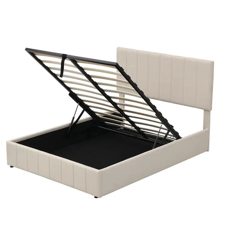 Beige Ribbed Texture Linen Blend Full Bed Frame