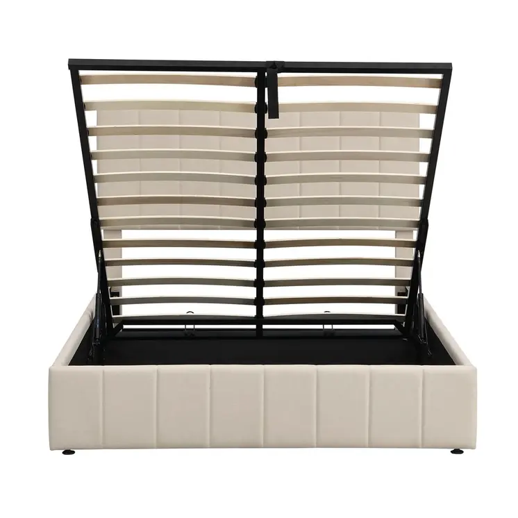 Beige Ribbed Texture Linen Blend Full Bed Frame