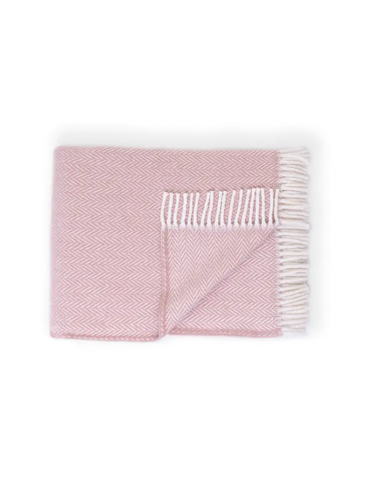 70" X 55" Pink And White Cotton Blend Woven Herringbone Plush Throw Blanket with Tassels