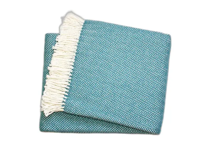 70" X 55" Teal Blue And White Cotton Blend Woven Herringbone Plush Throw Blanket with Tassels