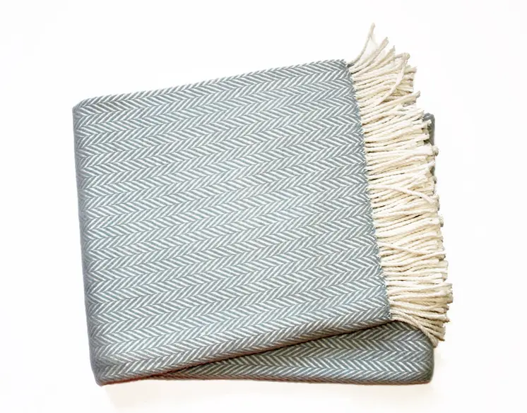 70" X 55" Sky Blue And White Cotton Blend Woven Herringbone Plush Throw Blanket with Tassels