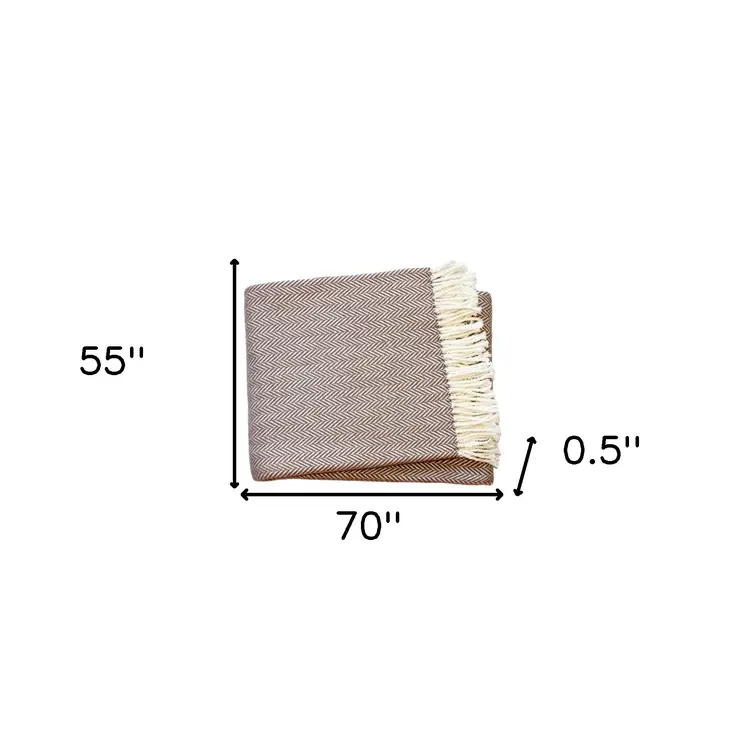 70" X 55" Brown And White Cotton Blend Woven Herringbone Plush Throw Blanket with Tassels