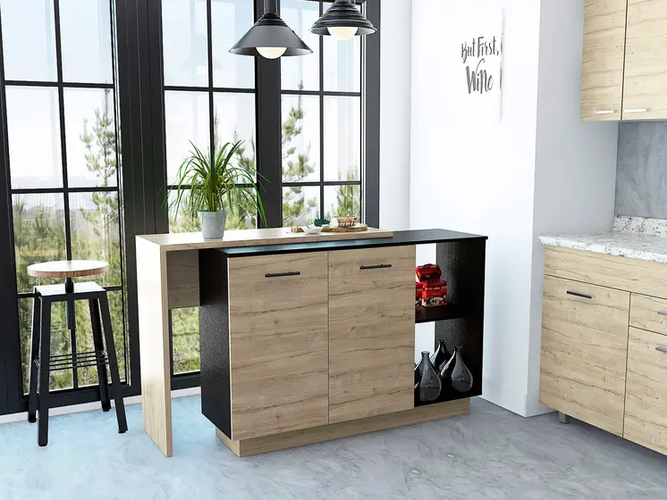 Natural and Natural And Black 59" Kitchen Island With Storage