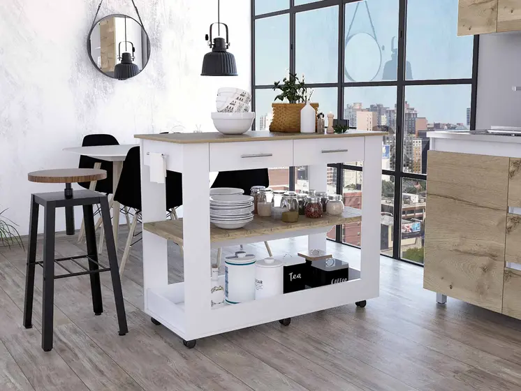 White and Brown 40" Rolling Kitchen Cart With Storage