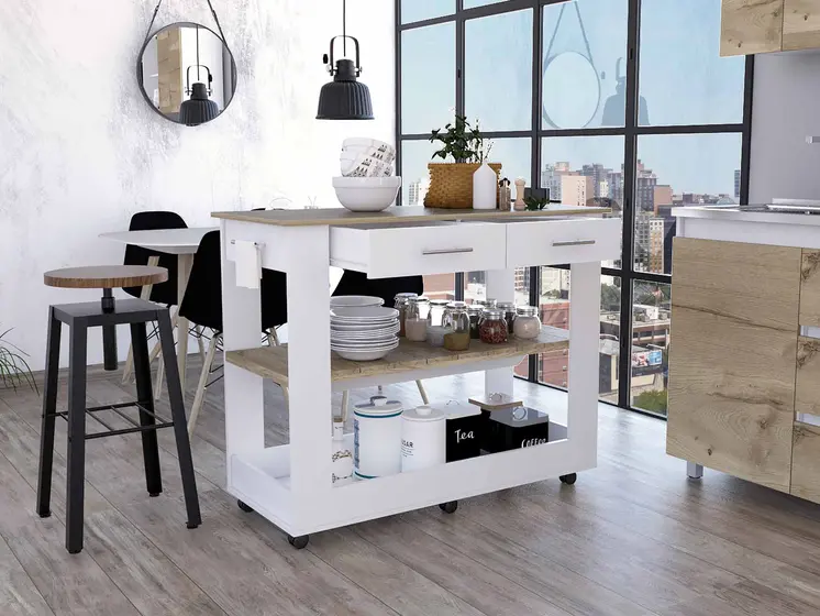 White and Brown 40" Rolling Kitchen Cart With Storage