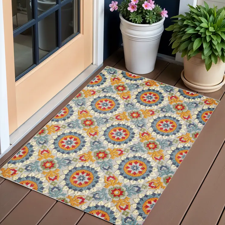 2' X 4' Orange And Ivory Moroccan Stain Resistant Indoor Outdoor Area Rug