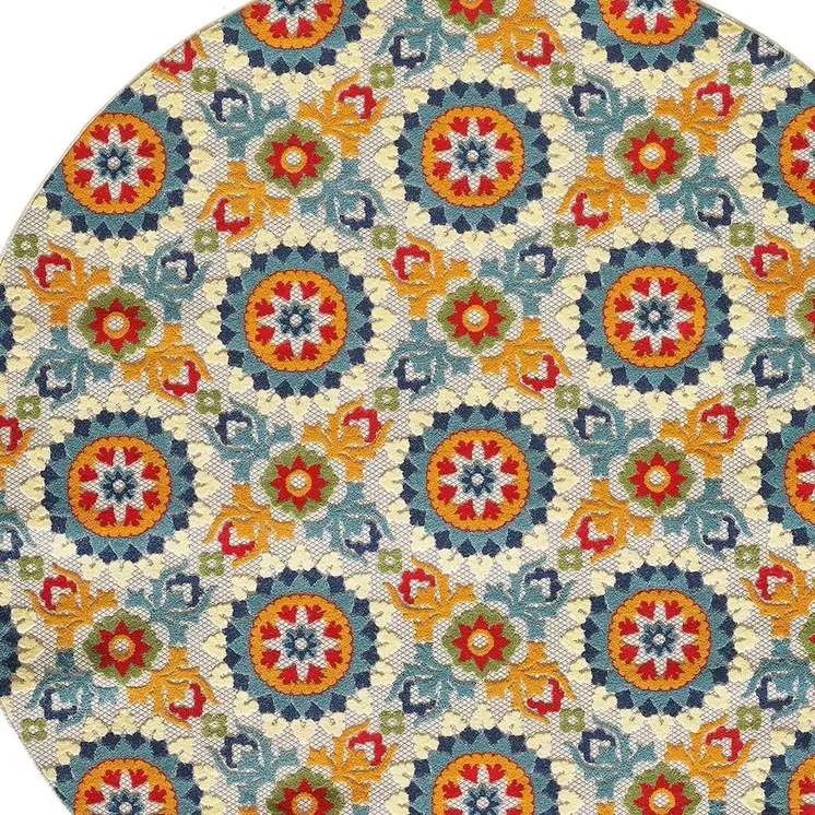 8' Round Orange And Ivory Round Moroccan Stain Resistant Indoor Outdoor Area Rug