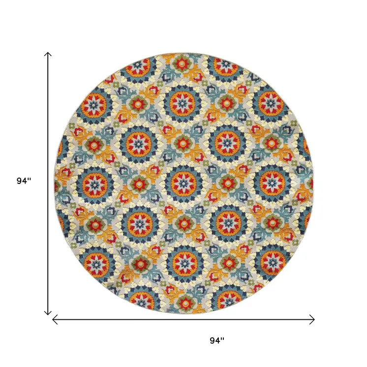 8' Round Orange And Ivory Round Moroccan Stain Resistant Indoor Outdoor Area Rug