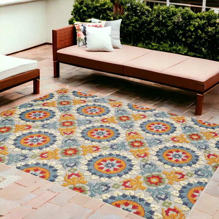 8' X 10' Orange And Ivory Indoor Outdoor Area Rug