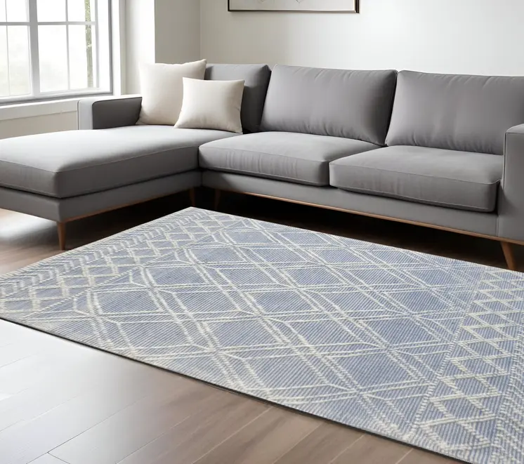 9' X 13' Blue Ivory Tribal Geometric Pattern Area Rug