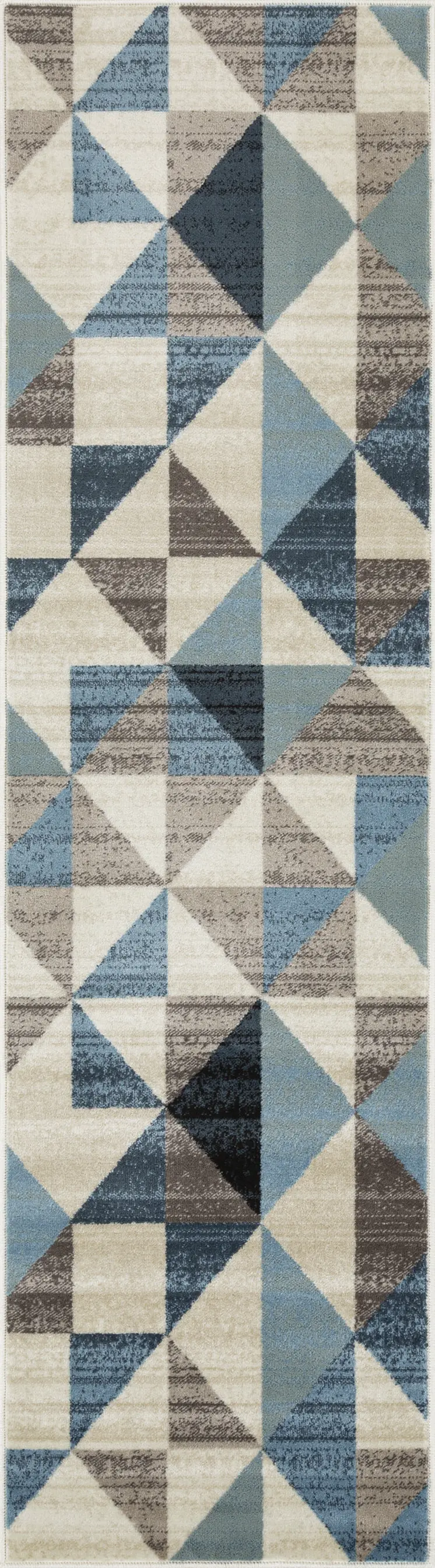 8' Beige Blue And Gray Geometric Runner Rug