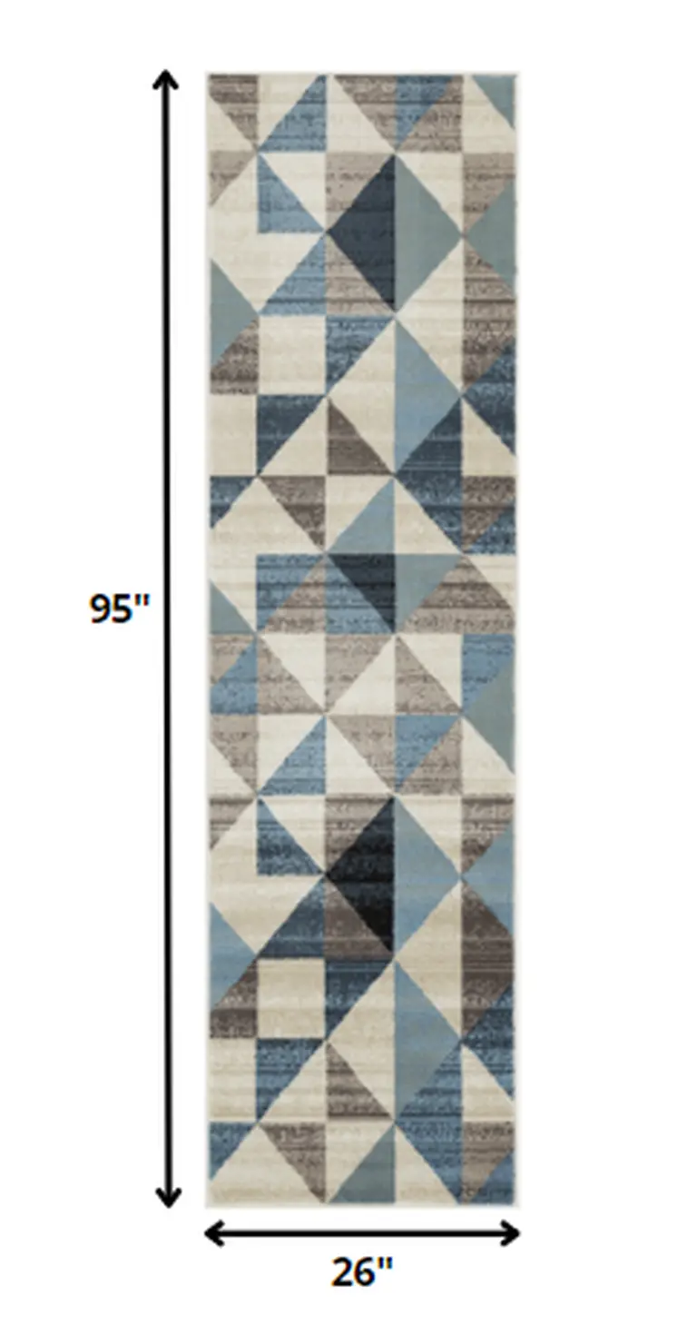 8' Beige Blue And Gray Geometric Runner Rug