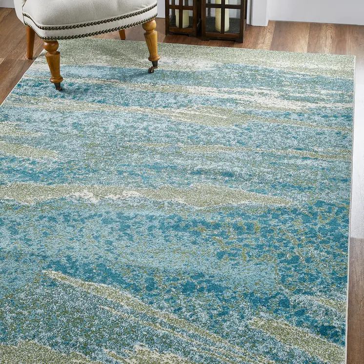 7' X 10' Blue And Sage Abstract Area Rug