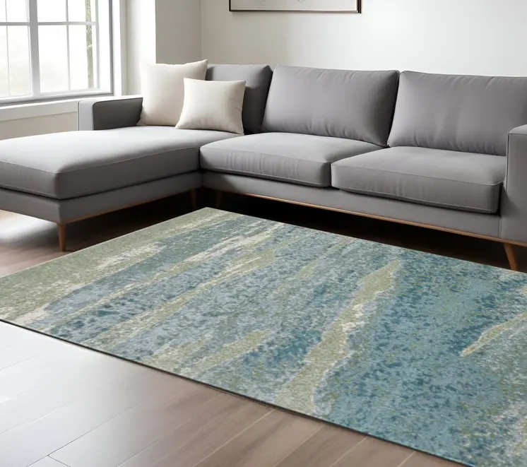 7' X 10' Blue And Sage Abstract Area Rug