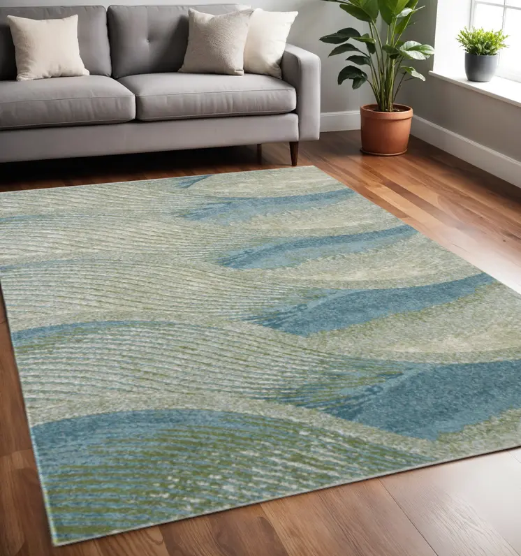 5' X 8' Blue and Beige Abstract Waves Area Rug