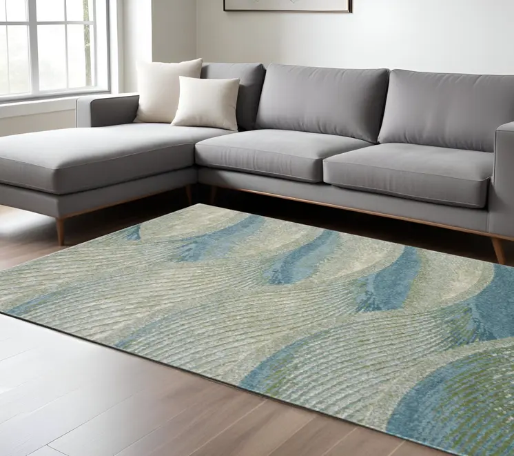 7' X 10' Blue And Sage Abstract Waves Area Rug