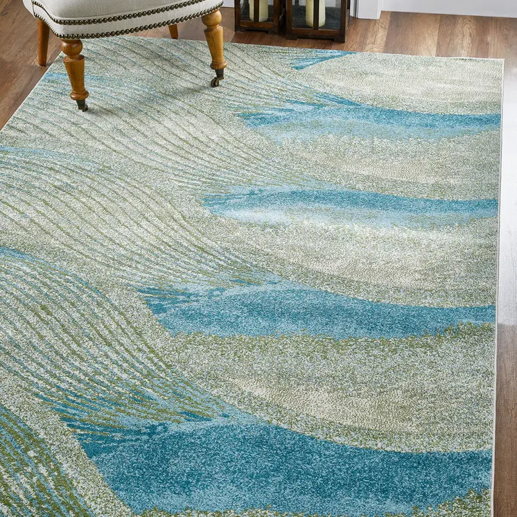 10' X 13' Blue Beige Abstract Waves Modern Area Rug