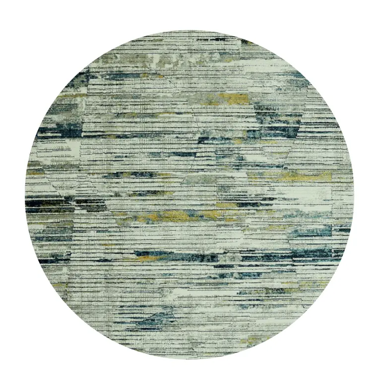 8' Ivory And Blue Abstract Round Rug