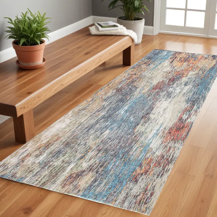 8' Blue And Beige Abstract Runner Rug