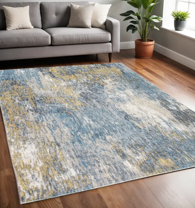 5' X 8' Blue and Gold Abstract Area Rug