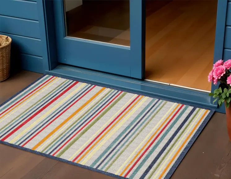 3' X 5' Ivory And Blue Striped Stain Resistant Indoor Outdoor Area Rug