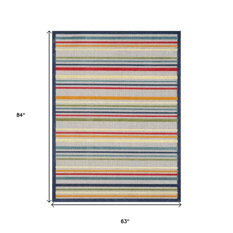 5' X 7' Ivory And Blue Striped Stain Resistant Indoor Outdoor Area Rug