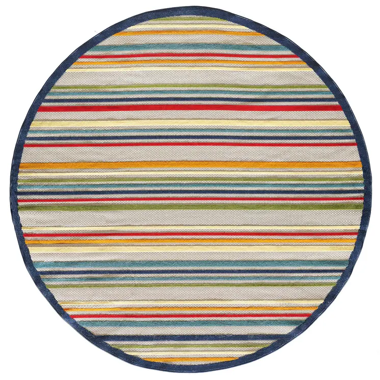 8' Round Ivory And Blue Round Striped Stain Resistant Indoor Outdoor Area Rug