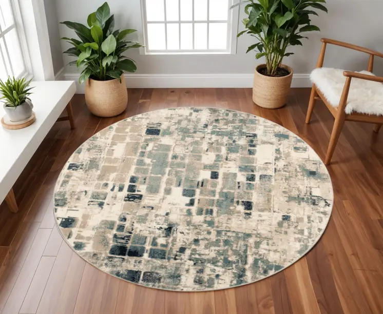 8' Blue and Beige Round Abstract Area Rug