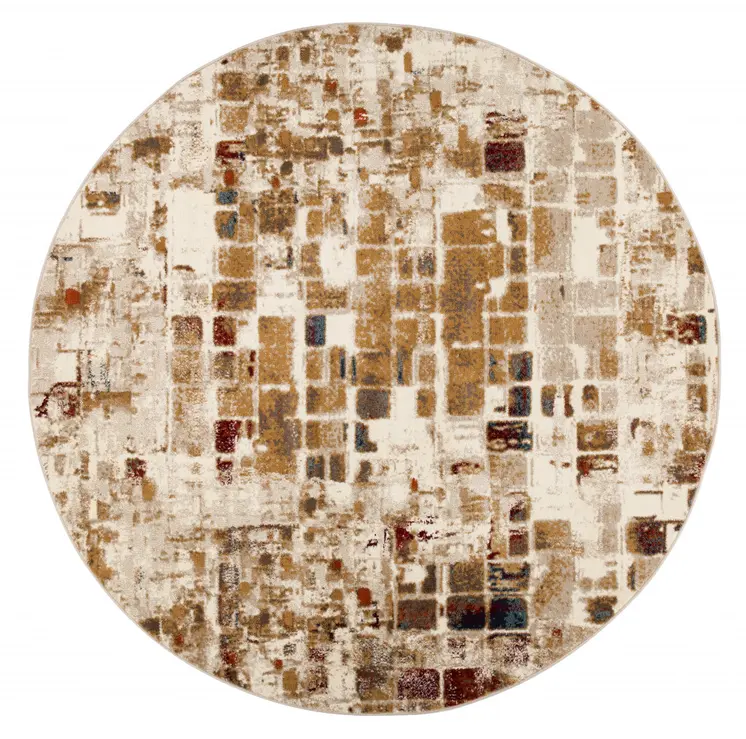 8' Natural Round Abstract Tiles Area Rug