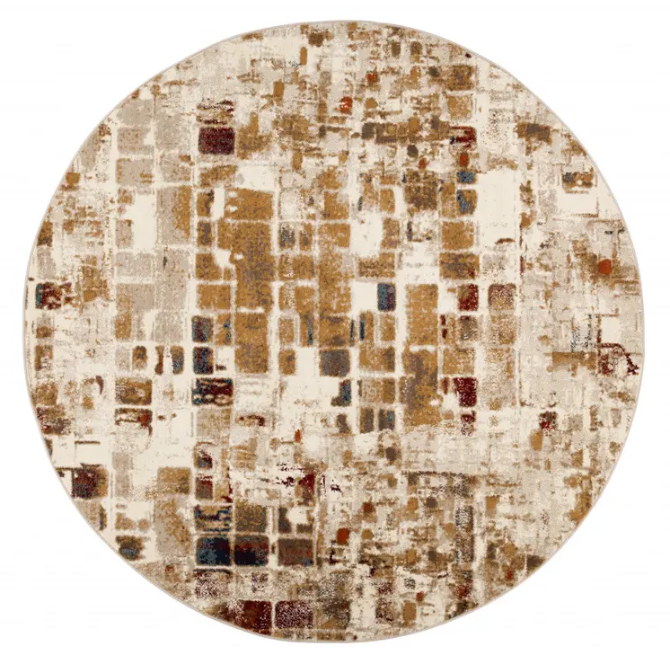 8' Natural Round Abstract Tiles Area Rug