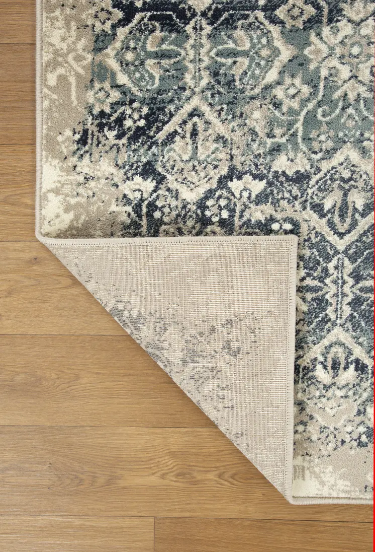 8' Ivory And Blue Oriental Runner Rug