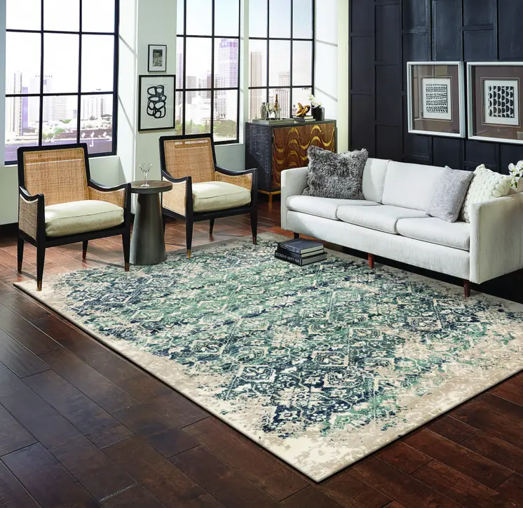 8' Ivory And Blue Oriental Runner Rug