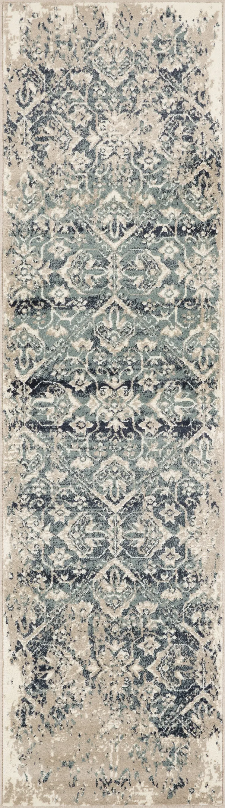 8' Ivory And Blue Oriental Runner Rug