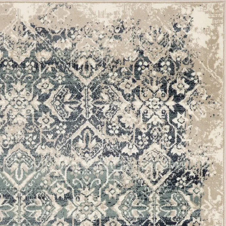 8' Ivory And Blue Oriental Runner Rug