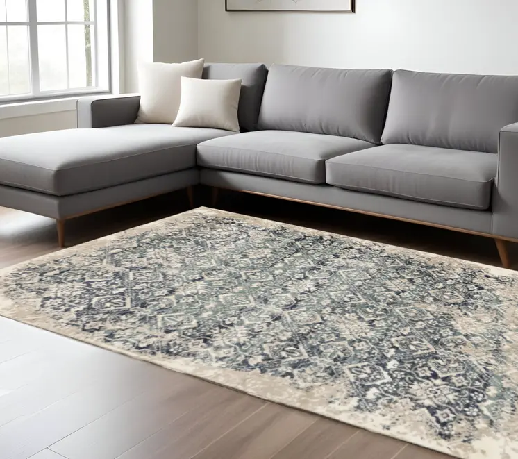 8' X 11' Ivory and Blue Oriental Area Rug