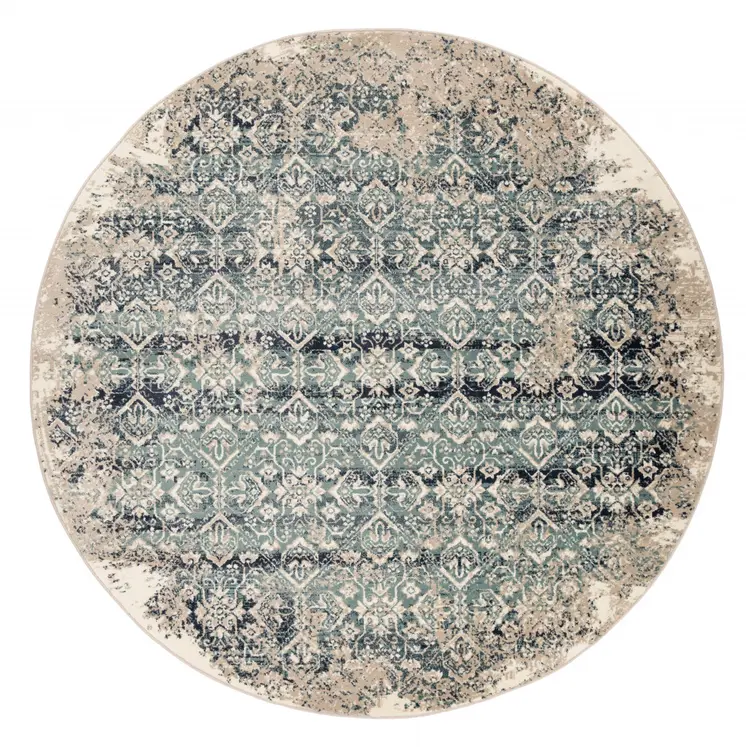 8' Ivory and Blue Round Oriental Area Rug