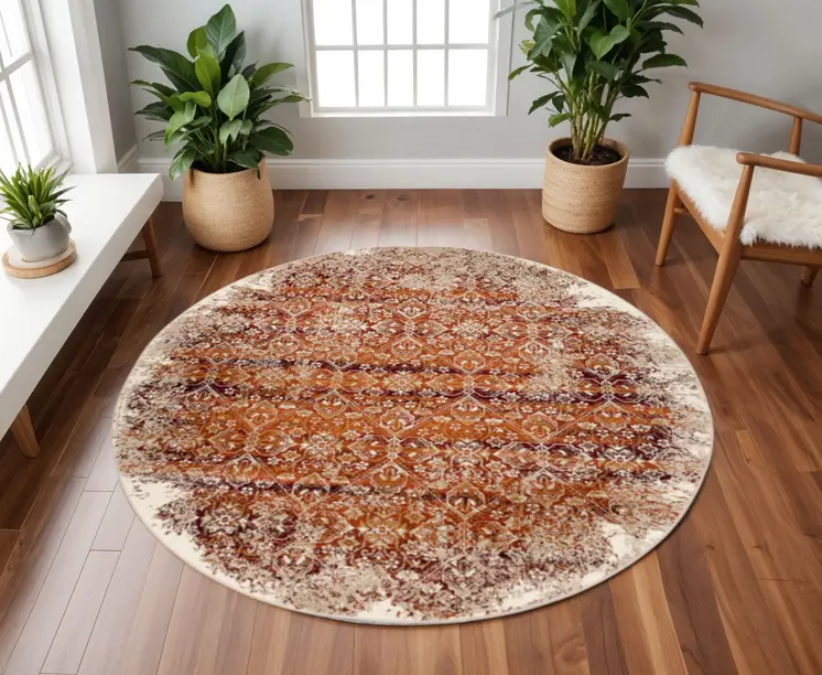 8' Rust Round Oriental Area Rug