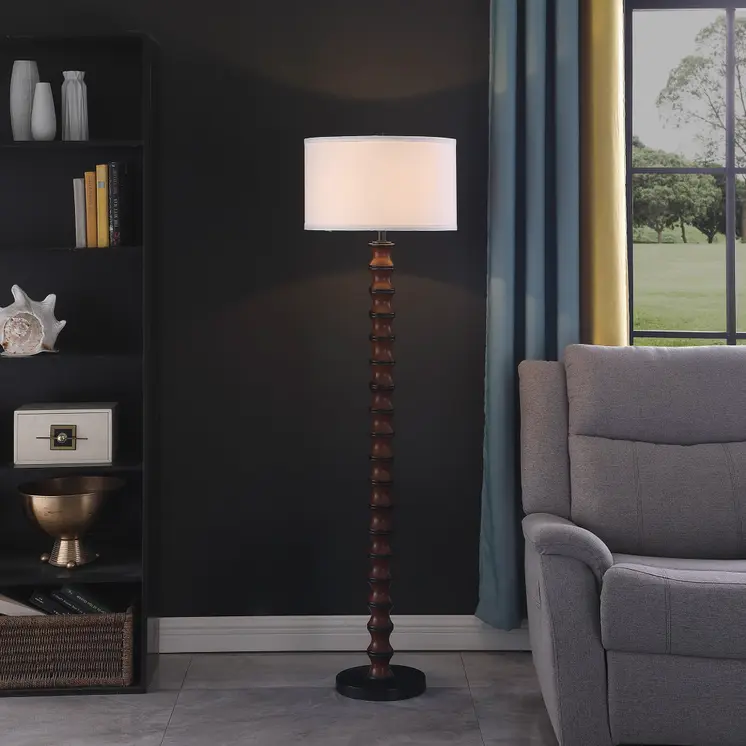 61" Brown And White Resin Floor Lamp With White Fabric Drum Shade