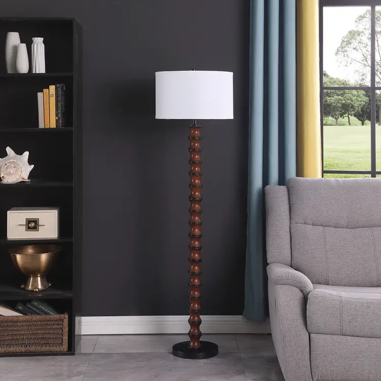 61" Brown And White Resin Floor Lamp With White Fabric Drum Shade
