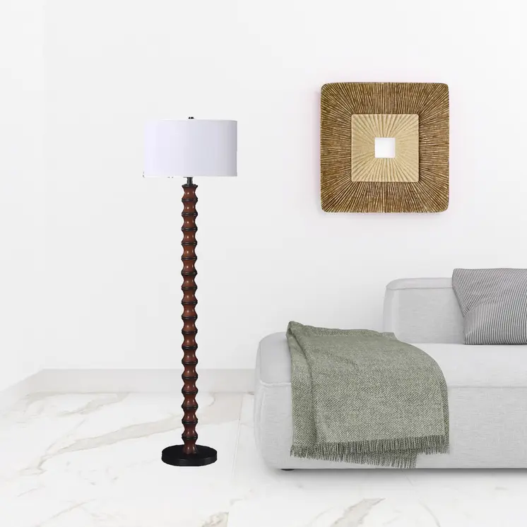 61" Brown And White Resin Floor Lamp With White Fabric Drum Shade