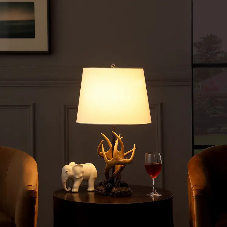 26" Natural And Brown Antlers Table Lamp With White Shade