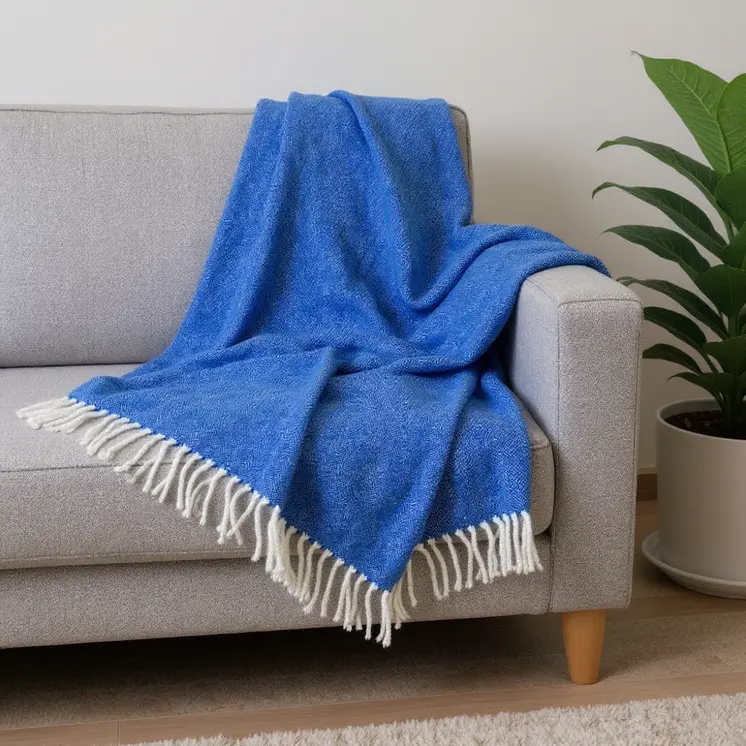 50" X 60" Royal Blue And White Woven Herringbone Plush Throw Blanket