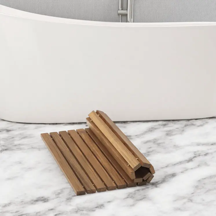 20" Brown Teak Wood Rolling Square Bath Mat