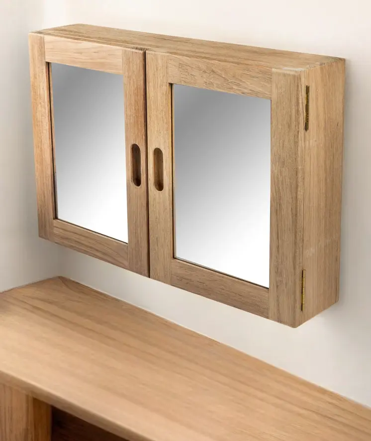 Traditional Solid Teak Double Door Mirrored Medicine Cabinet