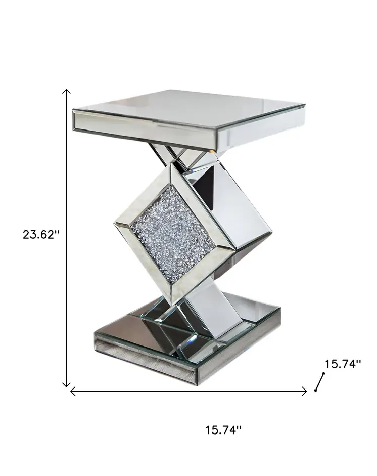 24" Silver Mirrored Glass And Faux Crystals End Table