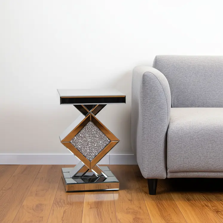 24" Silver Mirrored Glass And Faux Crystals End Table