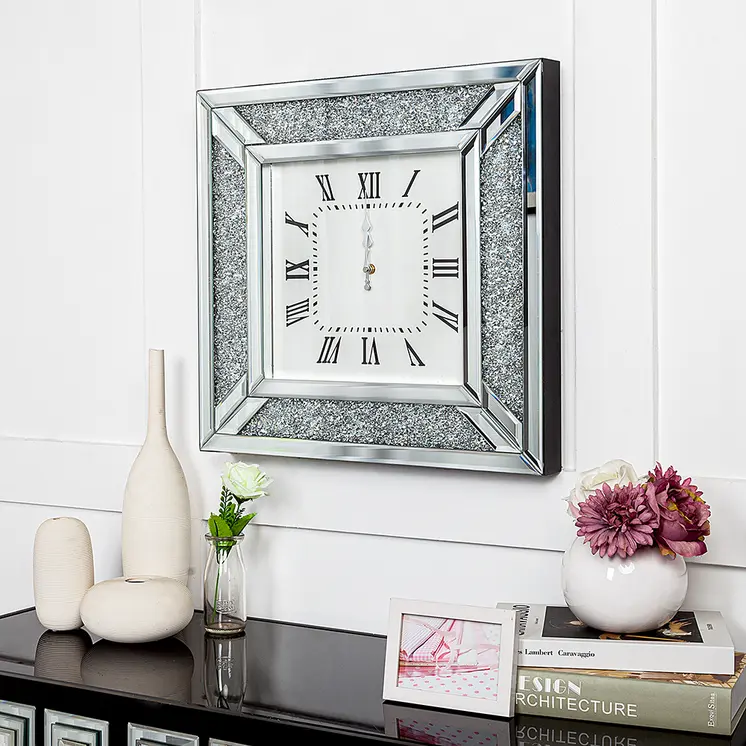 Diamond and Silver Mirrored Square Wall Clock
