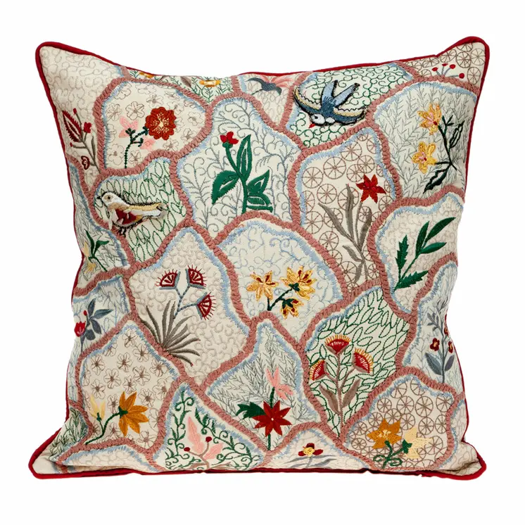18" Beige Blue and Green Cotton Throw Pillow With Embroidery
